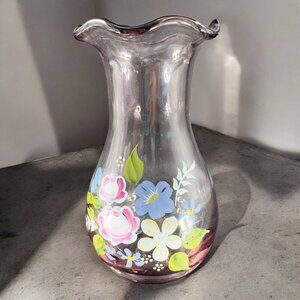 Art Glass Vase Vessel Amethyst Purple With Pretty Flowers Pattern Ruffled Top